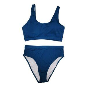 Two-Piece Blue Bikini Set With Scoop Neck Top High-Waist Bottoms Womens Size L